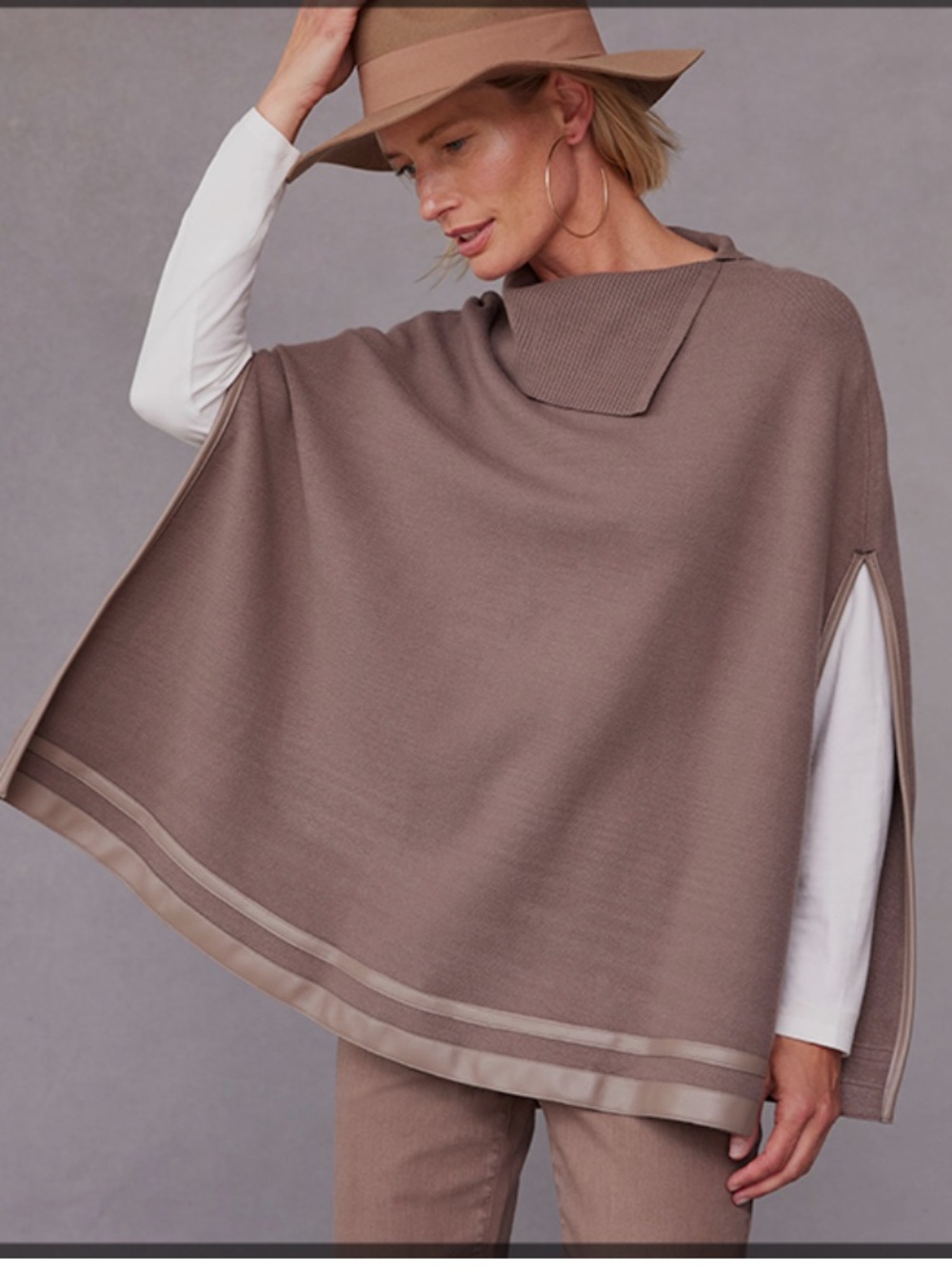 Chico's Taupe Knit Poncho with Satin-Trim Hem